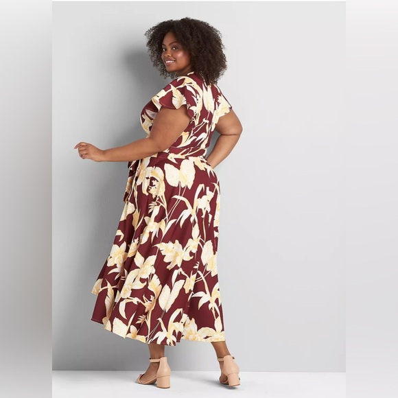 Lane Bryant Short Sleeve High-Low Lena Midi Dress Size 20 Maroon & Yellow Floral - Picture 2 of 10